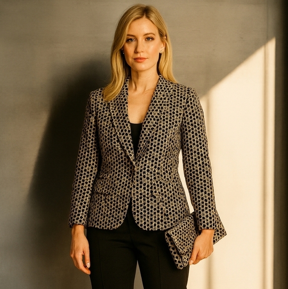 Source Unknown Jackets & Blazers - Women's Black and Cream Sequined Patterned Blazer. Size Large.